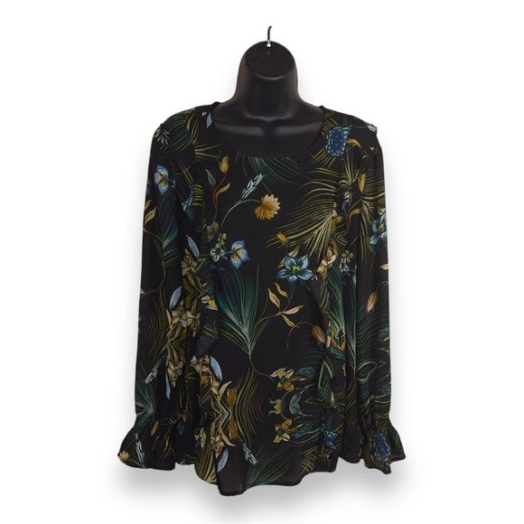 XL COUNTERPARTS BLACK FLORAL TROPICAL PRINT BLOUSE  LONG SLEEVE GREEN - Picture 1 of 13